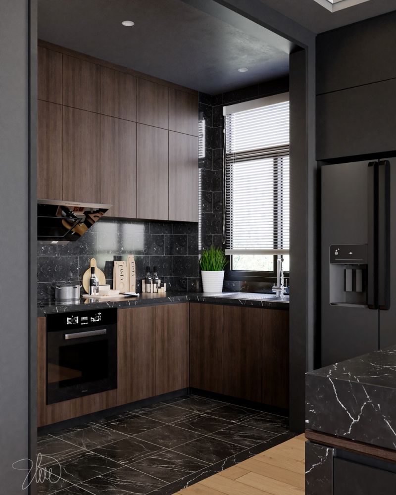 mkl4681 แบบห้องครัวเชื่อมห้องนั่งเล่นสไตล์โมเดิร์นโทนสีดำตัดสีไม้ 7